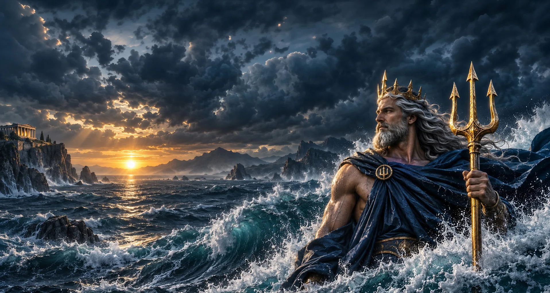 Poseidon holding a trident above Renko-inspired ocean waves