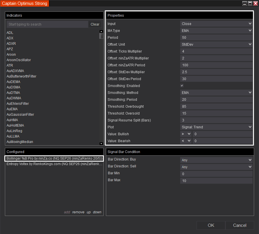 Bollinger %B Pro configuration for Setup 2 in Captain Optimus Strong v2