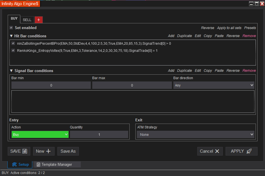 Buy configuration for Bollinger %B Pro and Entropy Voltex in Infinity Algo Engine$