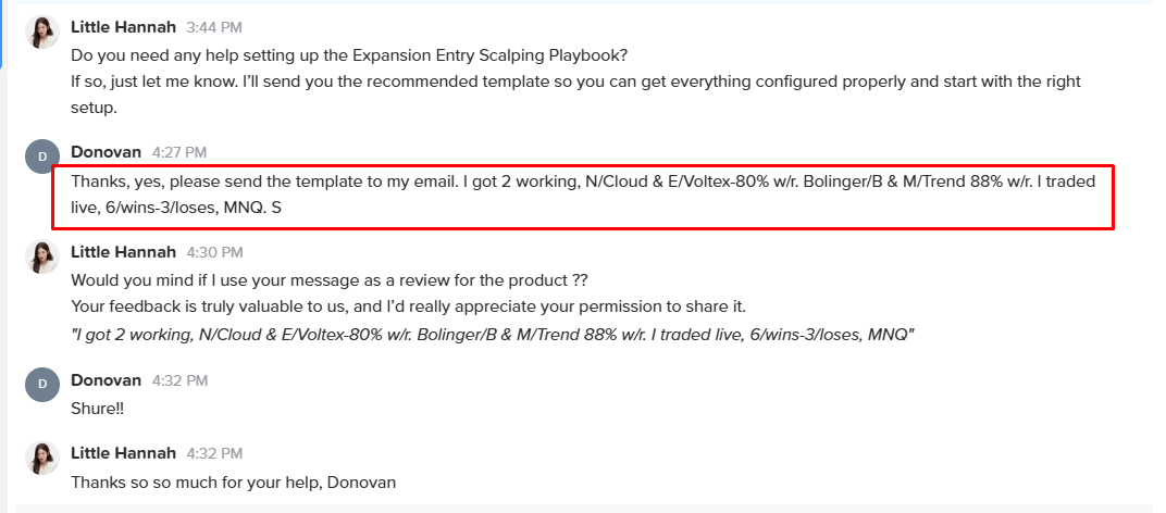 Trader feedback about Expansion Entry Scalping Solution
