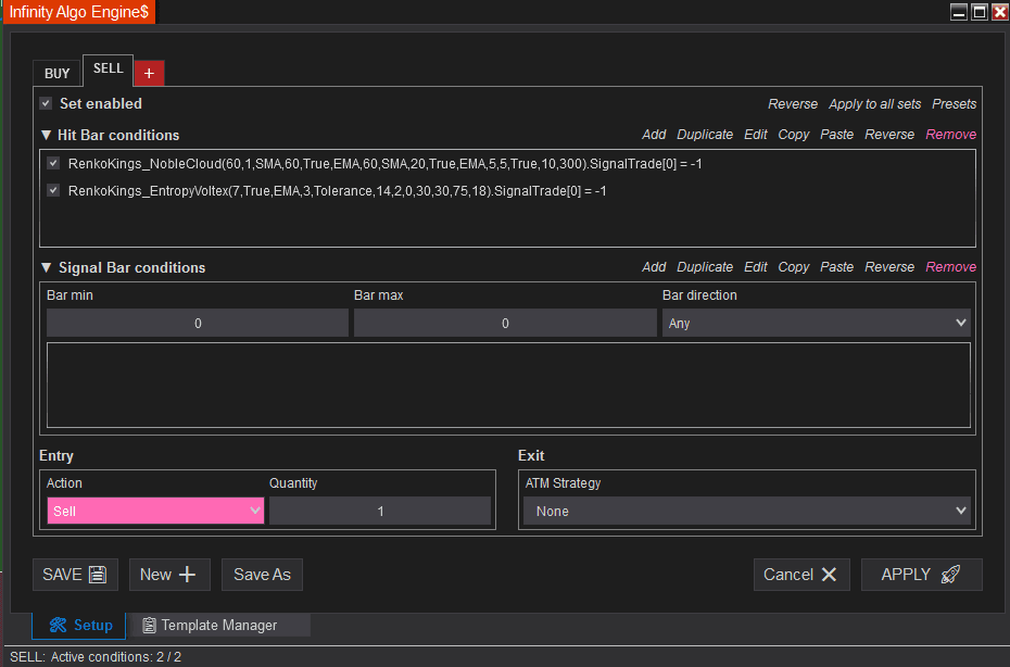 Sell configuration for Noble Cloud and Entropy Voltex in Infinity Algo Engine$