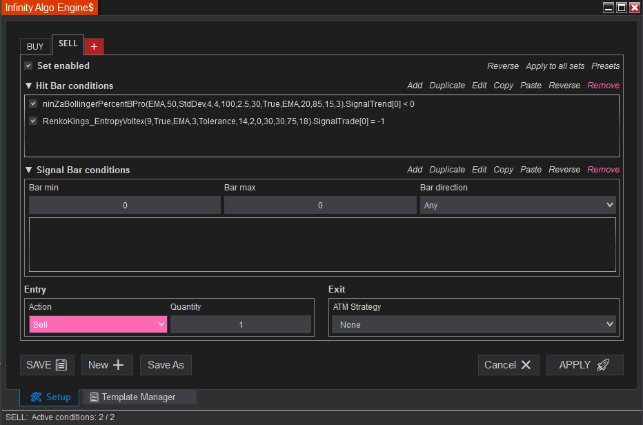 Sell configuration for Bollinger %B Pro and Entropy Voltex in Infinity Algo Engine$