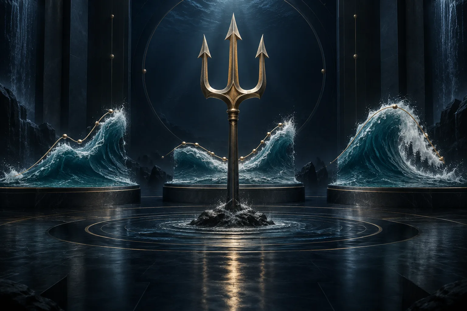Trident surrounded by three distinct wave formations