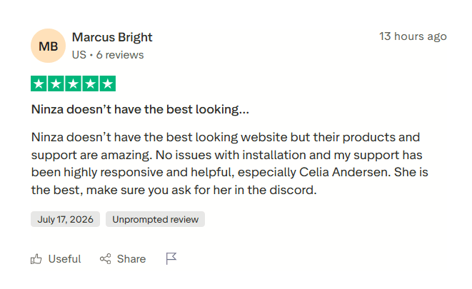 Customer feedback about NINZA products and support